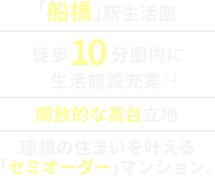 「船橋」駅生活圏｜船橋市夏見アドレスの高台立地｜徒歩10分圏内に生活施設充実※2｜理想の住まいを叶える｢セミオーダー｣マンション。